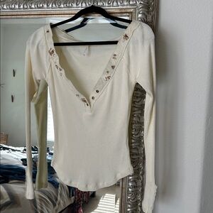 Free People Cream Ribbed Long Sleeve Top